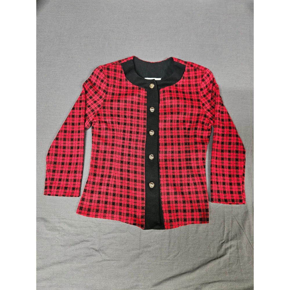 Pablo Collection Red Black Plaid Knit Cardigan Jacket Gold Buttons Made in USA